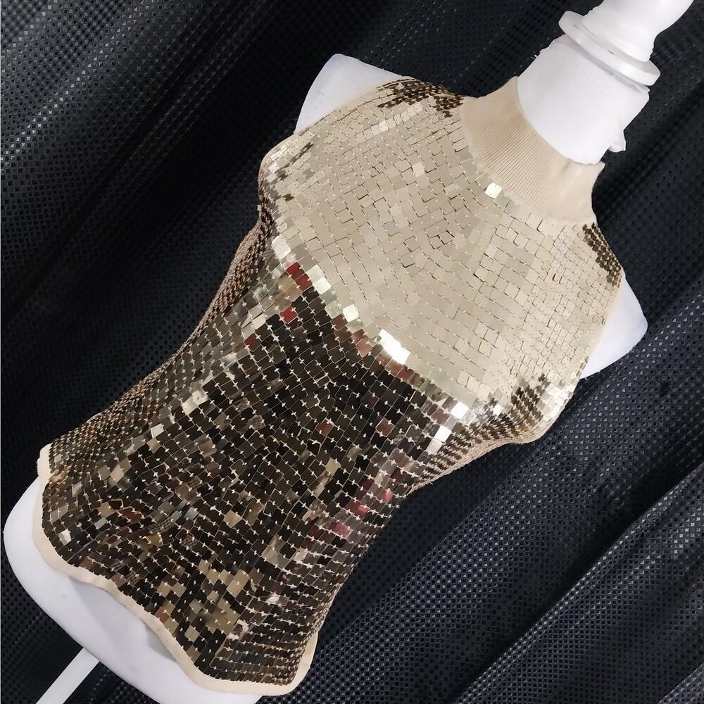 BELLDINI! GORGEOUS GOLDEN SEQUINNED SHEATH TOP, KNIT BASE, ZIPPER BACK! SZ L